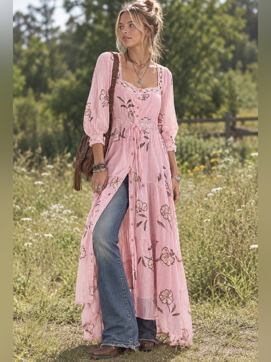 Free People Dresses & Skirts - NEW Free People Pink Floral Maxi Dress, sleeves, size M, cotton, crochet detail